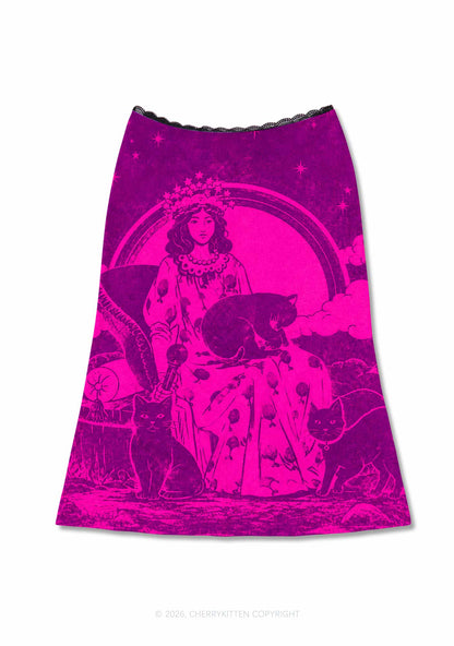 Magical Lady With Cats Y2K Print Midi Skirt Cherrykitten