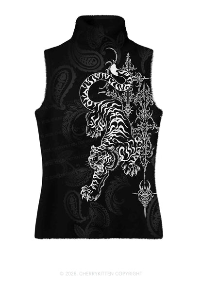 Halloween White Tiger On Black Y2K Knit Turtleneck Tank Top Cherrykitten