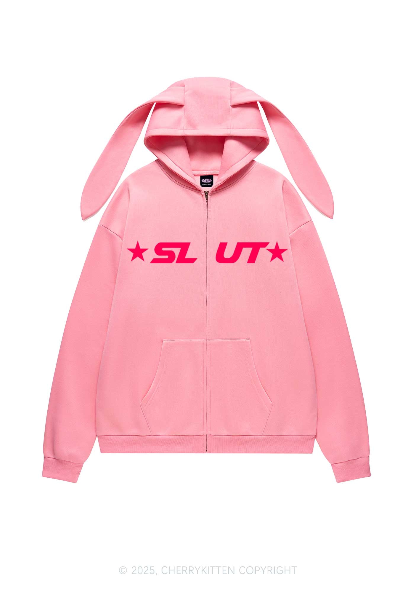 Red Slxt Star Y2K Bunny Ear Zip Hoodie Cherrykitten