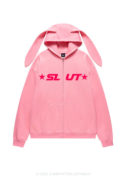 Red Slxt Star Y2K Bunny Ear Zip Hoodie Cherrykitten