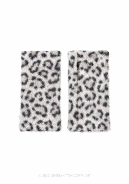White Leopard Y2K Print Fuzzy Arm Warmers Cherrykitten