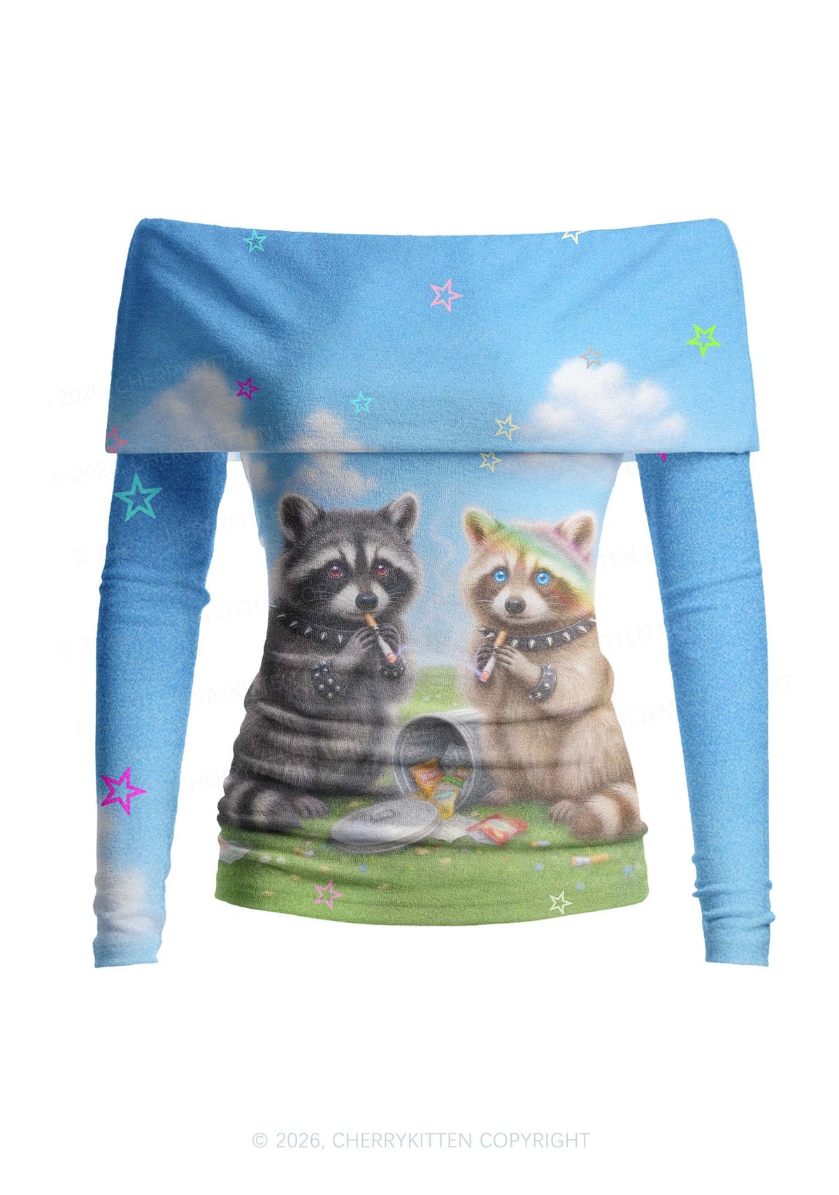 Two Punk Raccoons Smoking Y2K Off Shoulder Fold Over Knit Top Cherrykitten