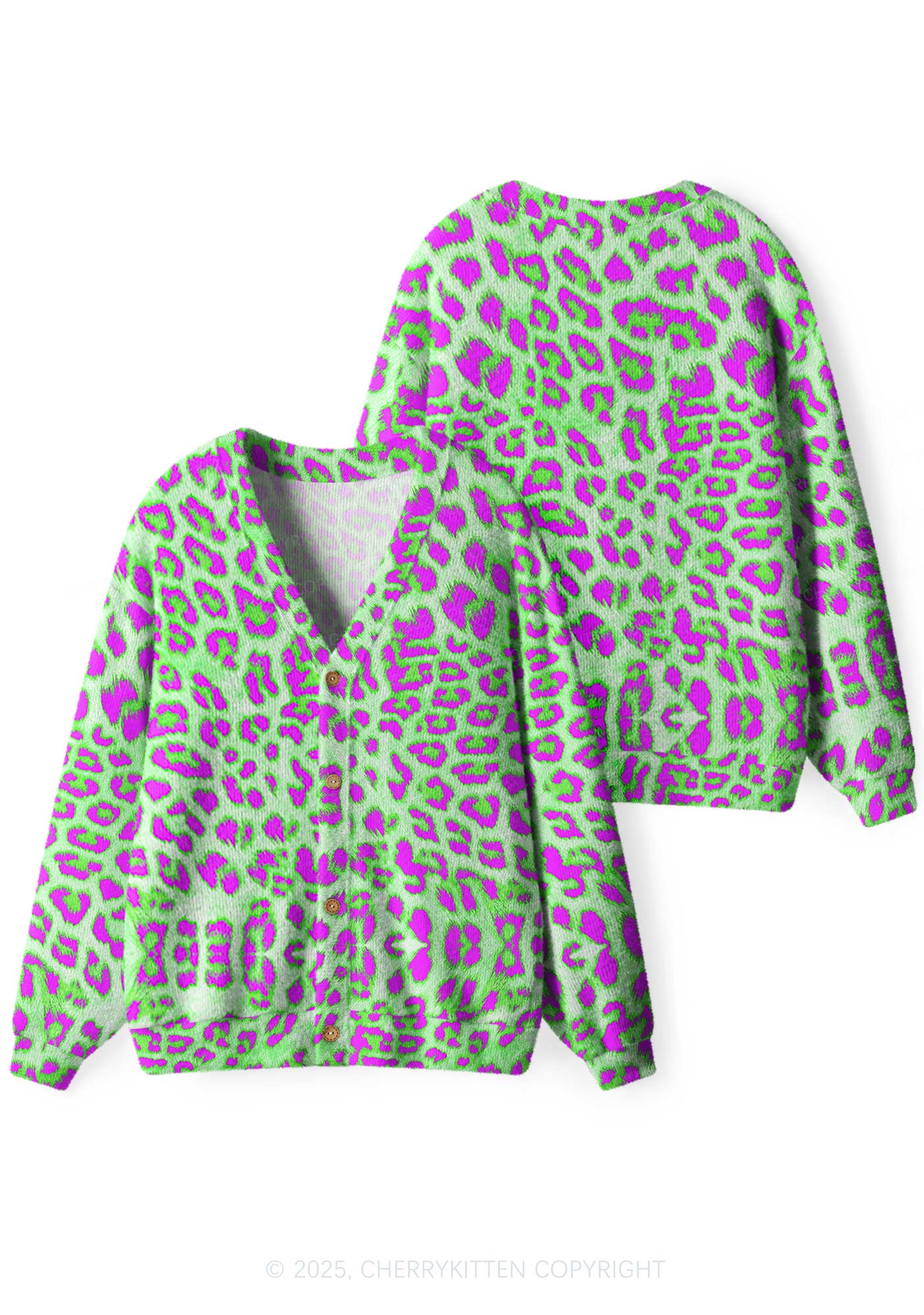 Green Leopard Y2K Christmas Cardigan Knit Sweatshirt Cherrykitten