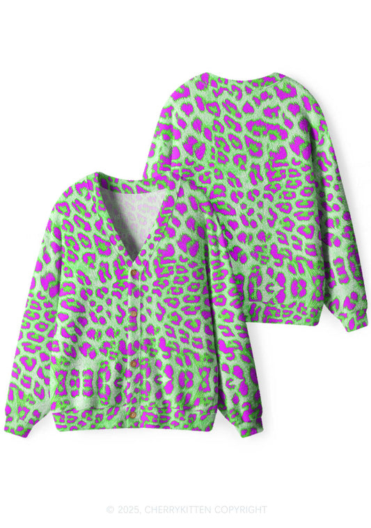 Green Leopard Y2K Christmas Cardigan Knit Sweatshirt Cherrykitten