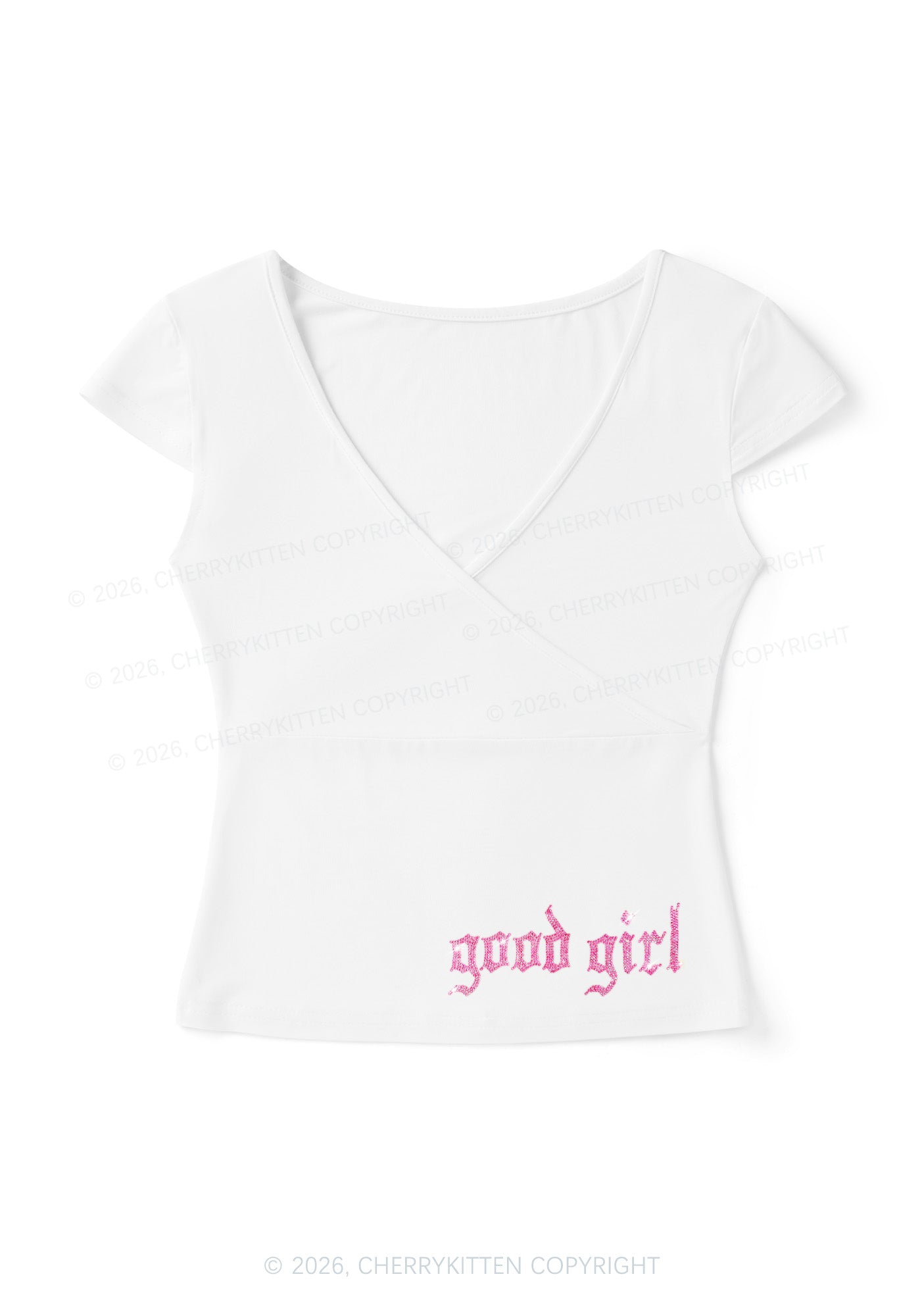 Rhinestone Good Girl Y2K Wrap V Neck T Shirts Cherrykitten