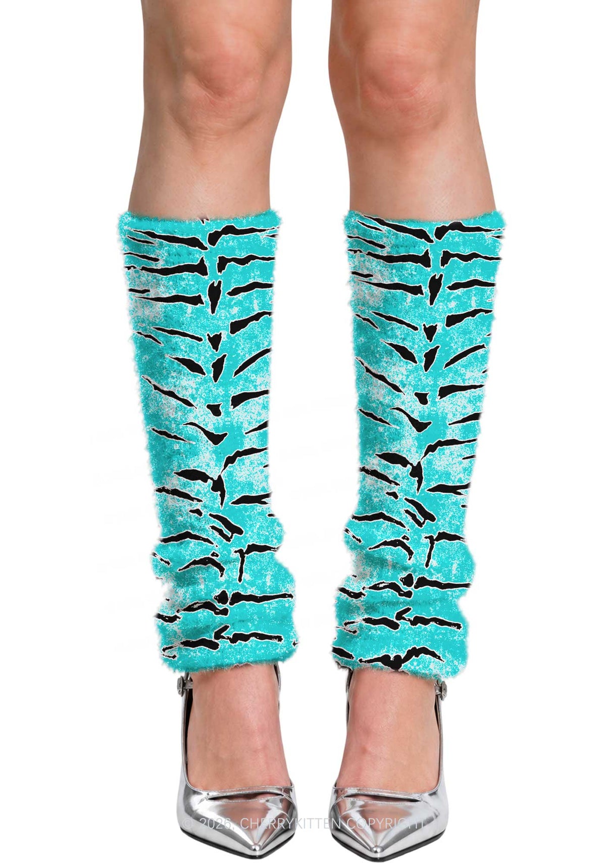 Mint Blue Tiger Stripe Y2K Print Fuzzy Straight Leg Warmers Cherrykitten