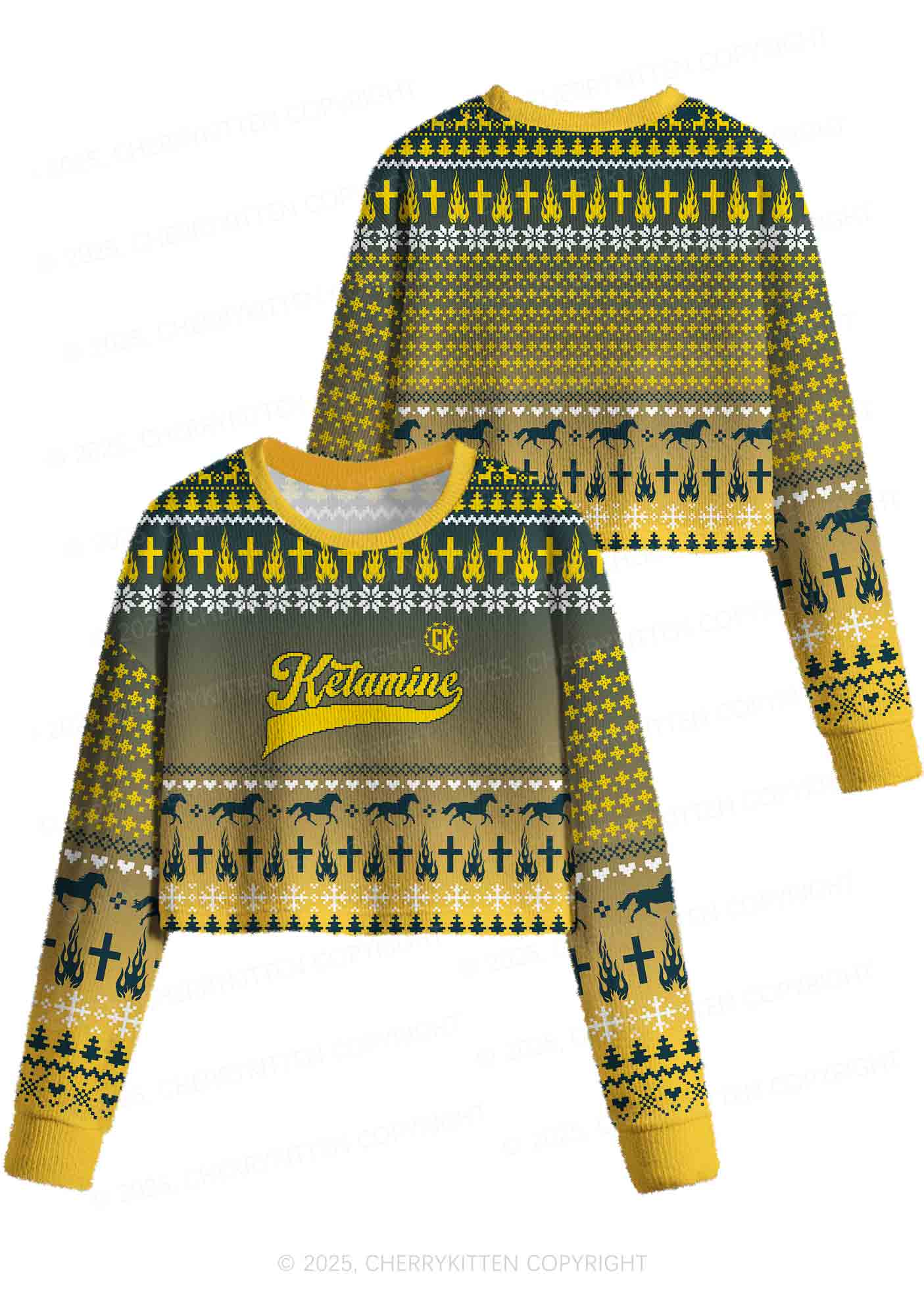 Yellow K Pony Y2K Christmas Crop Knit Sweatshirt Cherrykitten