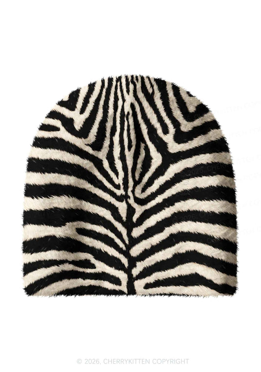 Black And White Zebra Striped Y2K Print Knit Beanie Cherrykitten