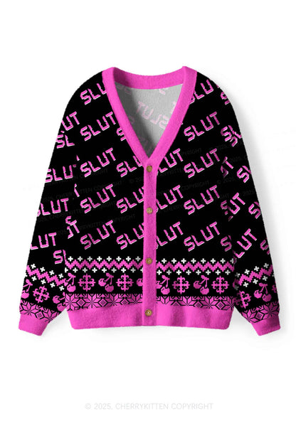 Hot Pink Slxt Y2K Christmas Cardigan Knit Sweatshirt Cherrykitten