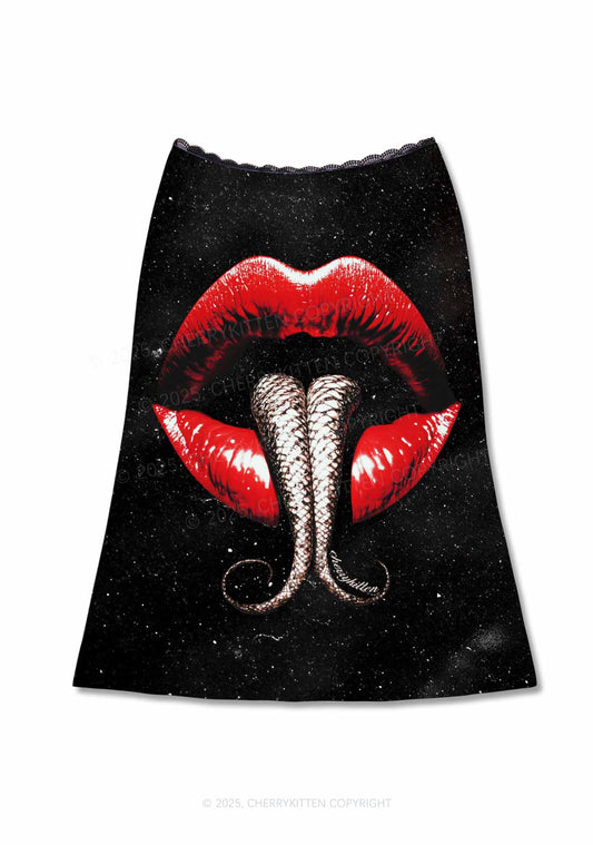 Halloween Snake Tongue Red Lips Y2K Print Midi Skirt Cherrykitten