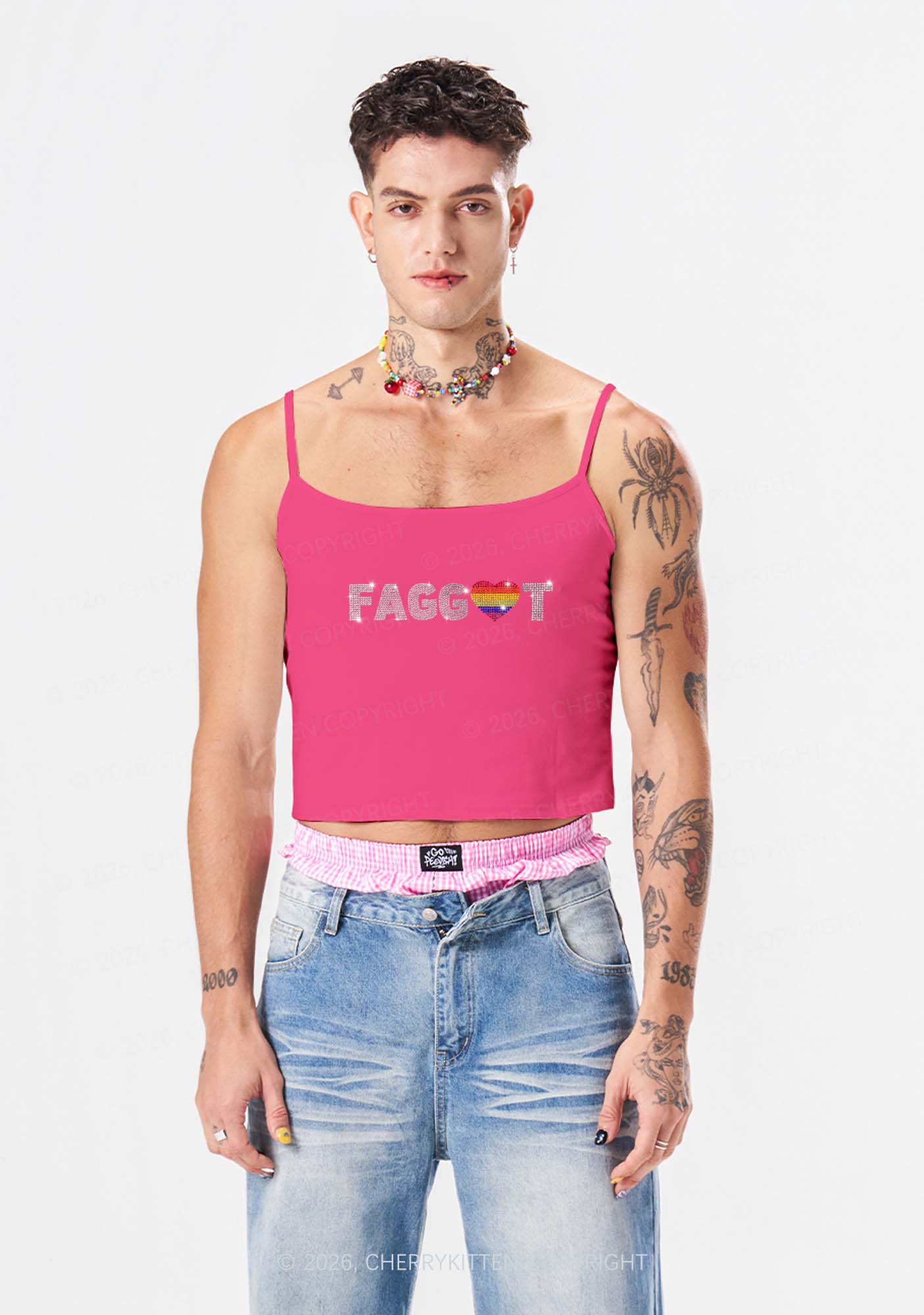 Rhinestone Rainbow Heart Faggot Pride Y2K Spaghetti Strap Cami Cherrykitten