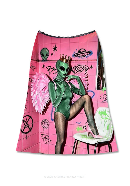 Alien Angel Graffiti Wall Y2K Print Midi Skirt Cherrykitten