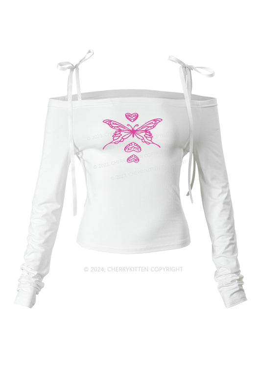 Pink Butterfly Y2K Lace Up Off Shoulder Long Sleeve Cherrykitten