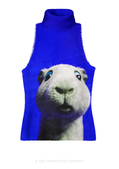 Guinea Pig On Blue Y2K Knit Turtleneck Tank Top Cherrykitten
