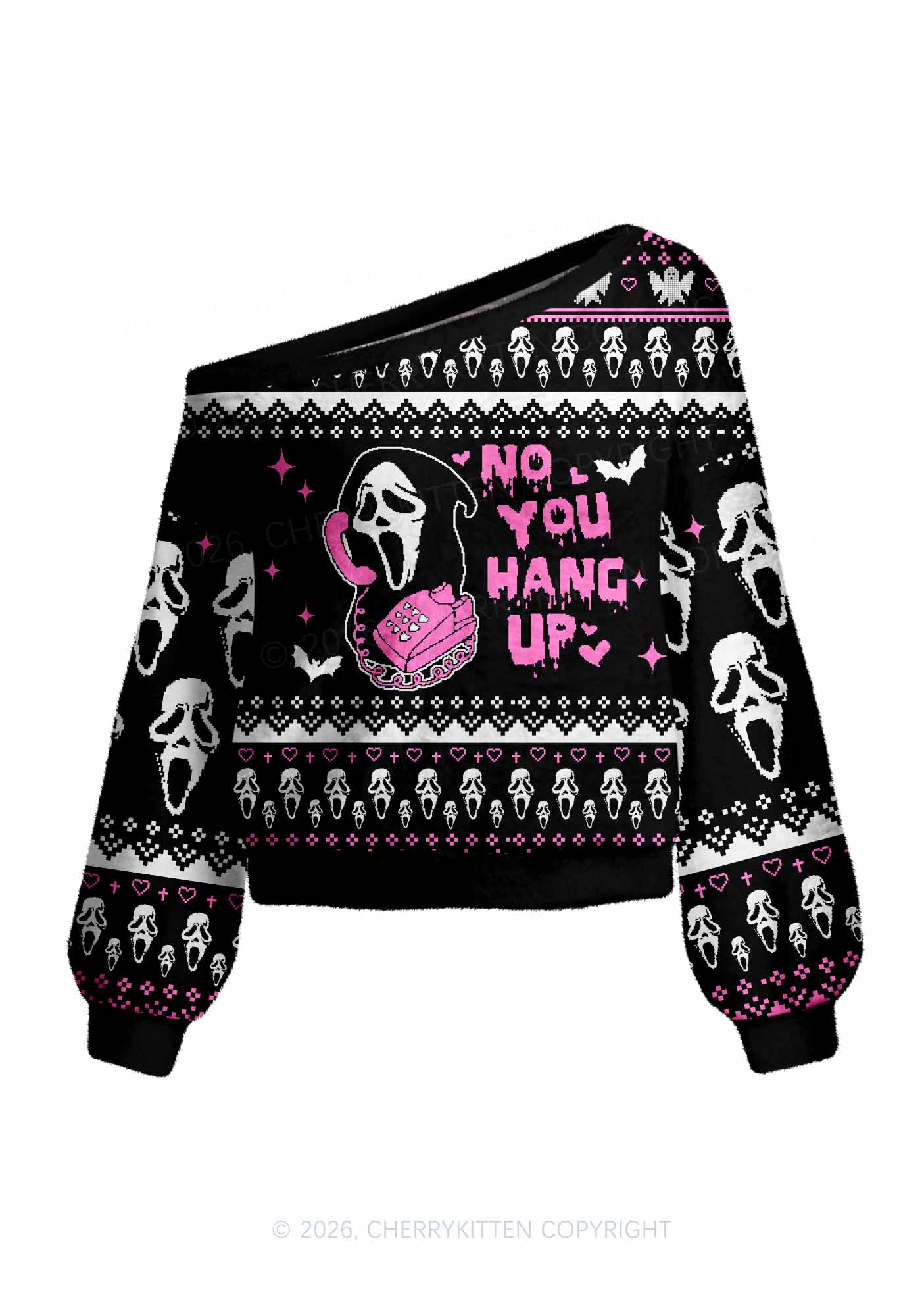Halloween No You Hang Up Y2K Off Shoulder Knit Sweatshirt Cherrykitten