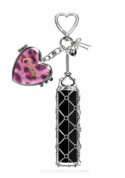 Pink Leopard Cxxt 1pc Y2K Metal Mesh Lipstick Holder Keychain With Mirror Cherrykitten