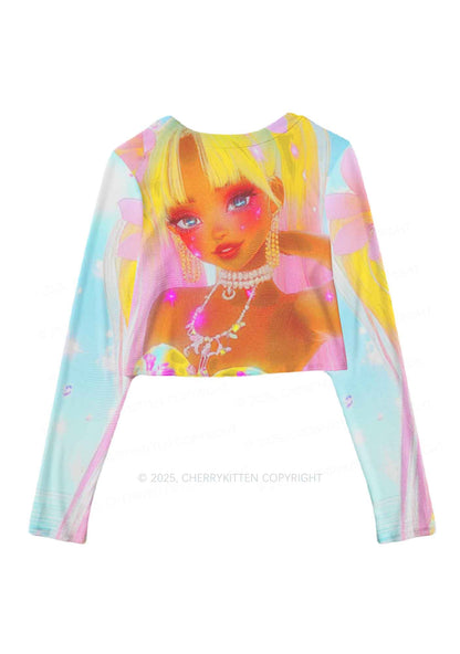 Flower Princess Y2K Mesh Long Sleeve Crop Top Cherrykitten