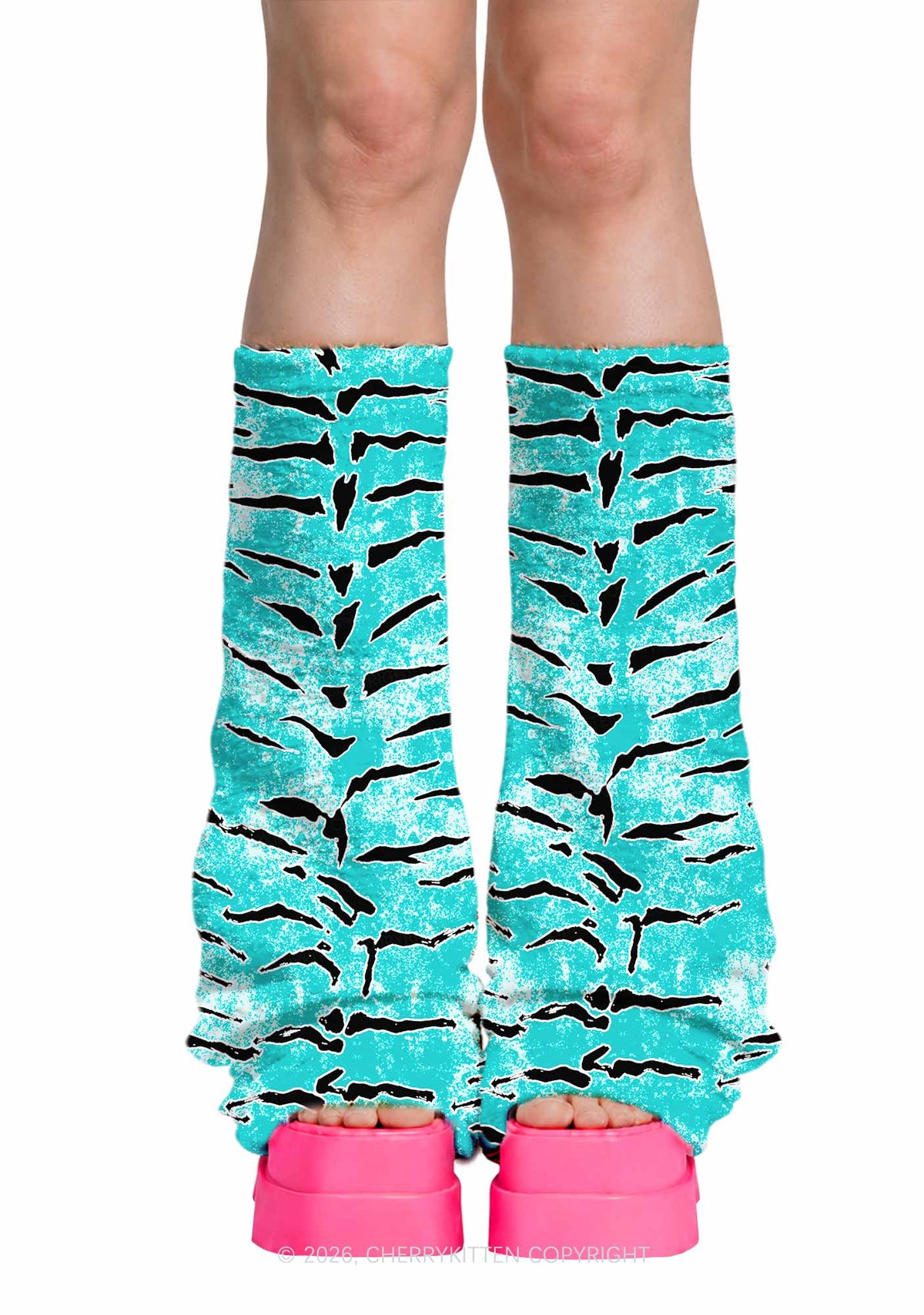 Mint Blue Tiger Stripe Y2K Print Fuzzy Flared Leg Warmers Cherrykitten