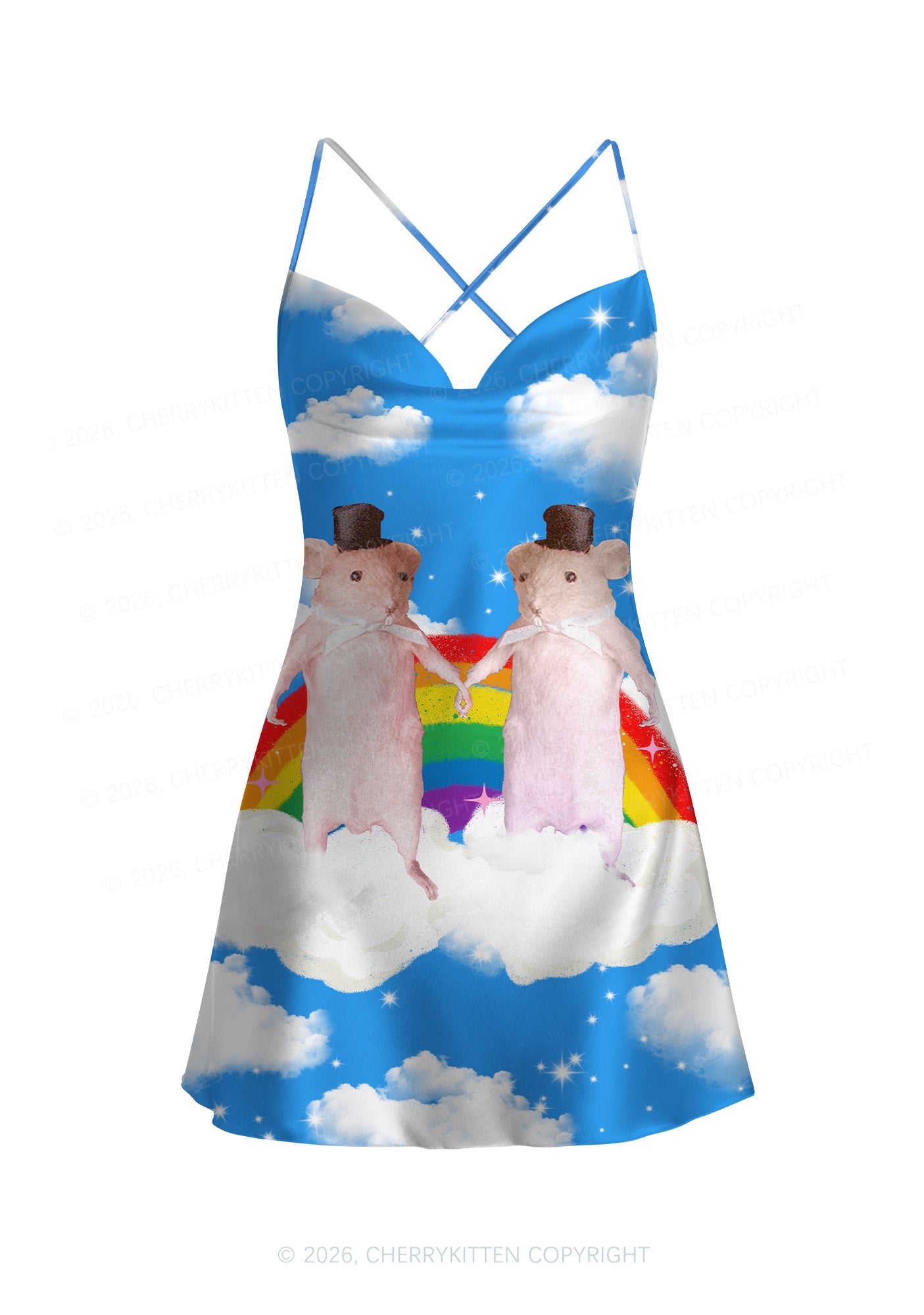 Rainbow Gay Rats Pride Y2K Print Satin Cowl Neck Slip Dress Cherrykitten