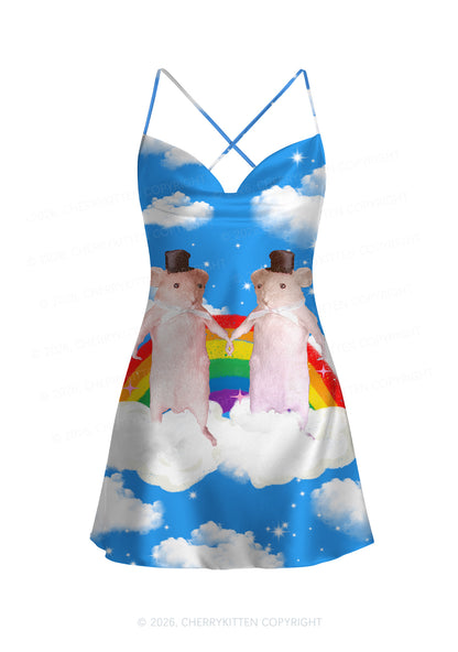 Rainbow Gay Rats Pride Y2K Print Satin Cowl Neck Slip Dress Cherrykitten