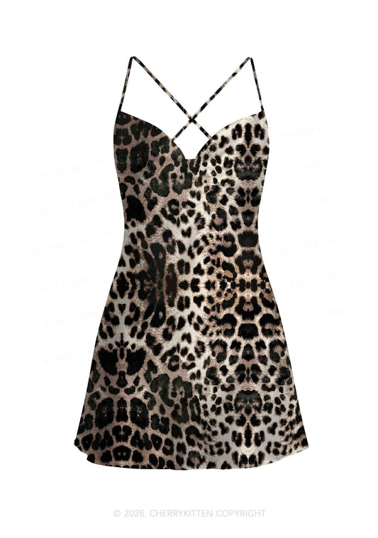 Brown Leopard Y2K Print Satin Cowl Neck Slip Dress Cherrykitten