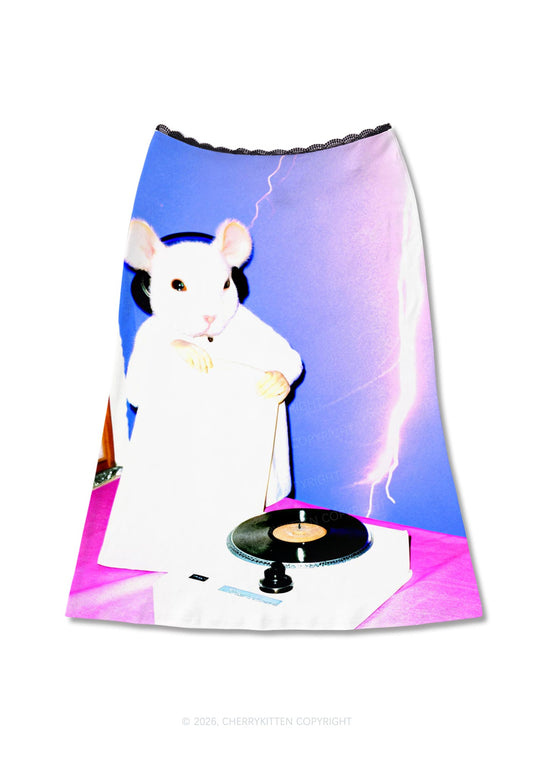 Neon Lightning DJ Rat Y2K Print Midi Skirt Cherrykitten