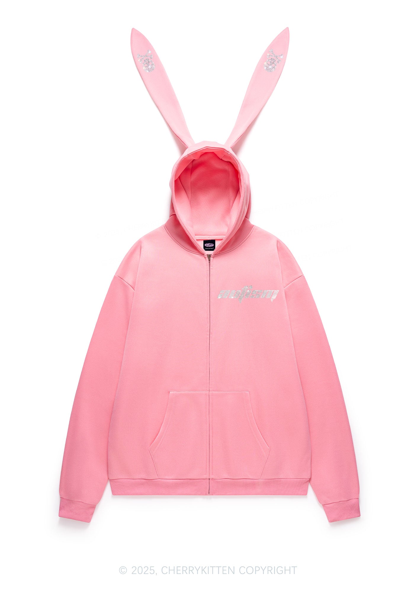 Rhinestone Autism Y2K Bunny Ear Zip Hoodie Cherrykitten