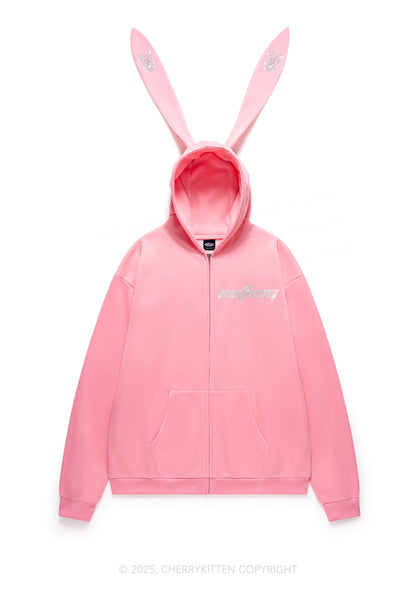 Rhinestone Autism Y2K Bunny Ear Zip Hoodie Cherrykitten