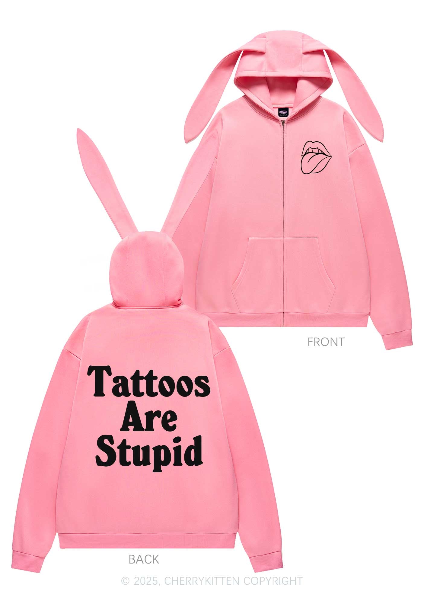 Tattoos Are Stupid Y2K Bunny Ear Zip Hoodie Cherrykitten