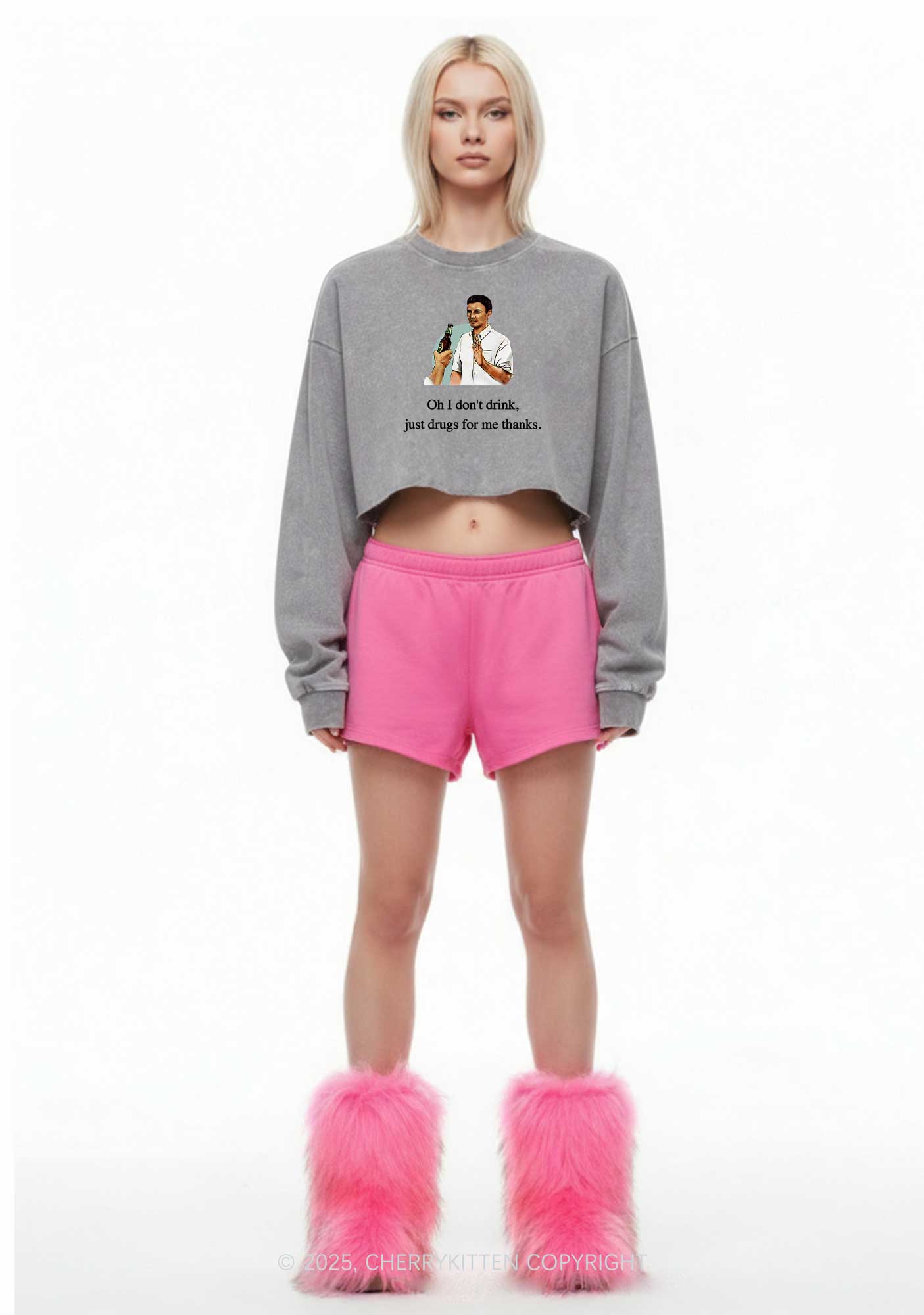 Oh I Dont Drink Y2K Crop Washed Sweatshirts Cherrykitten