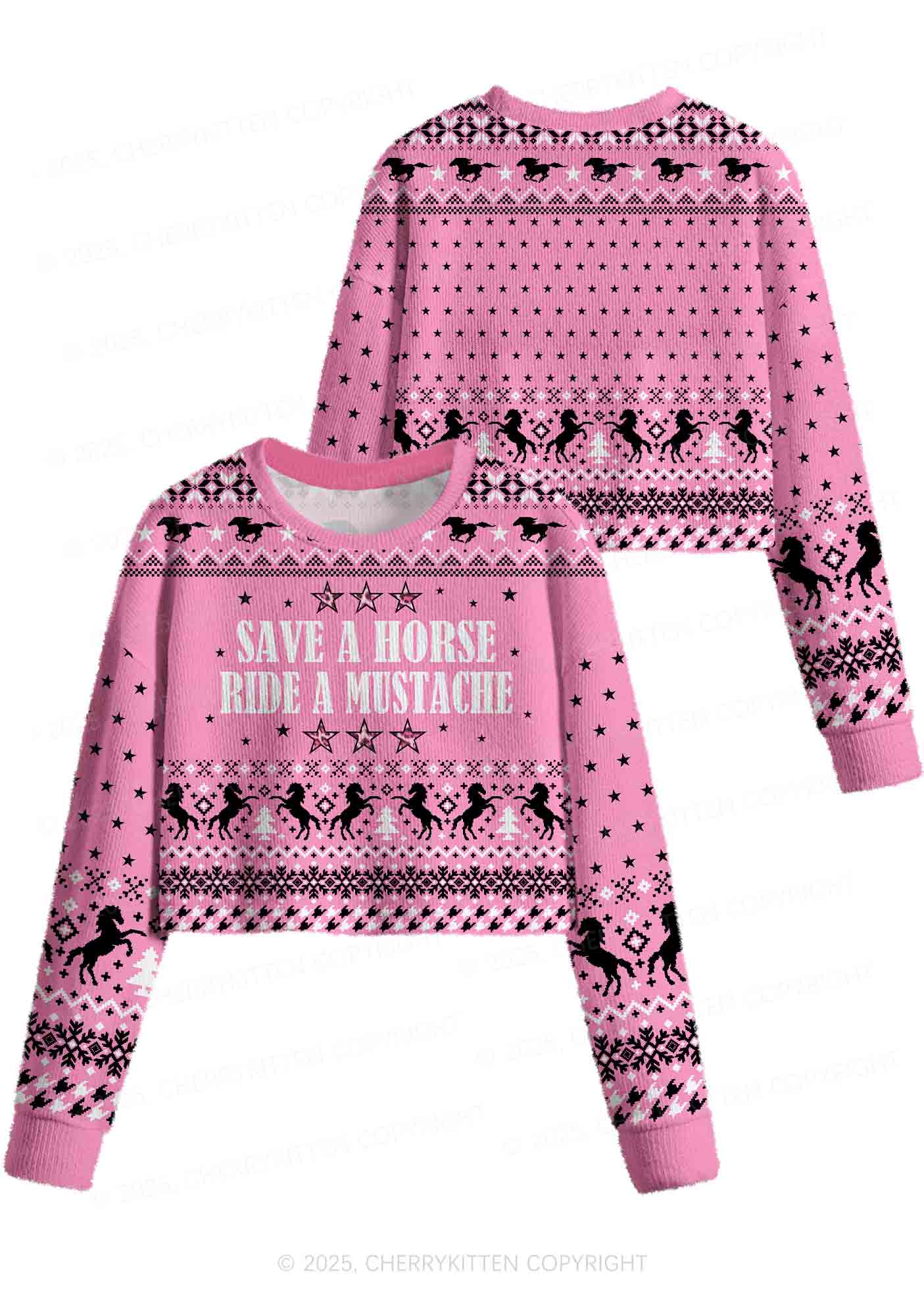 Ride A Mustache Y2K Christmas Crop Knit Sweatshirt Cherrykitten