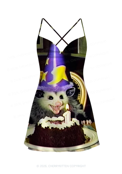 Birthday Opossum Y2K Print Satin Cowl Neck Slip Dress Cherrykitten