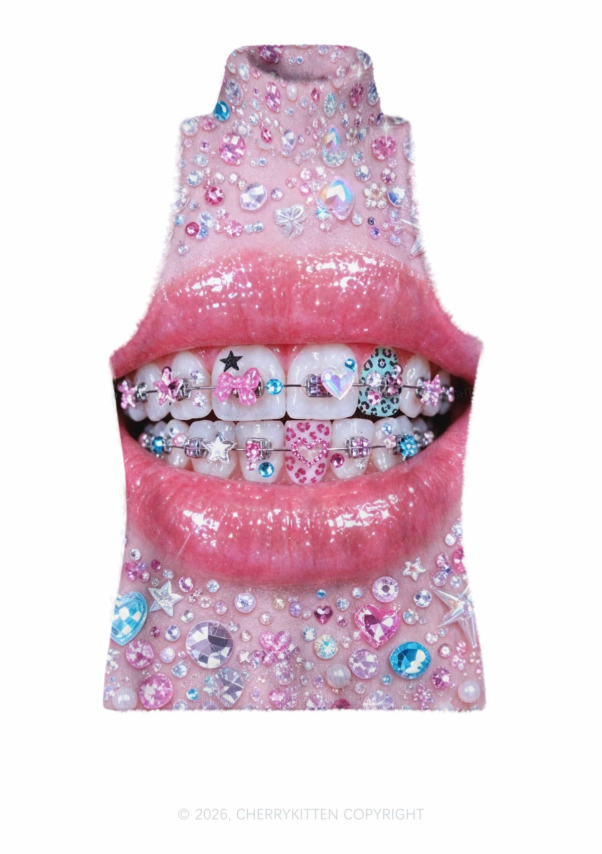 Sparkle Braced Mouth Art Y2K Knit Turtleneck Tank Top Cherrykitten