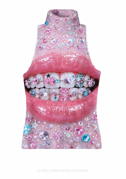 Sparkle Braced Mouth Art Y2K Knit Turtleneck Tank Top Cherrykitten