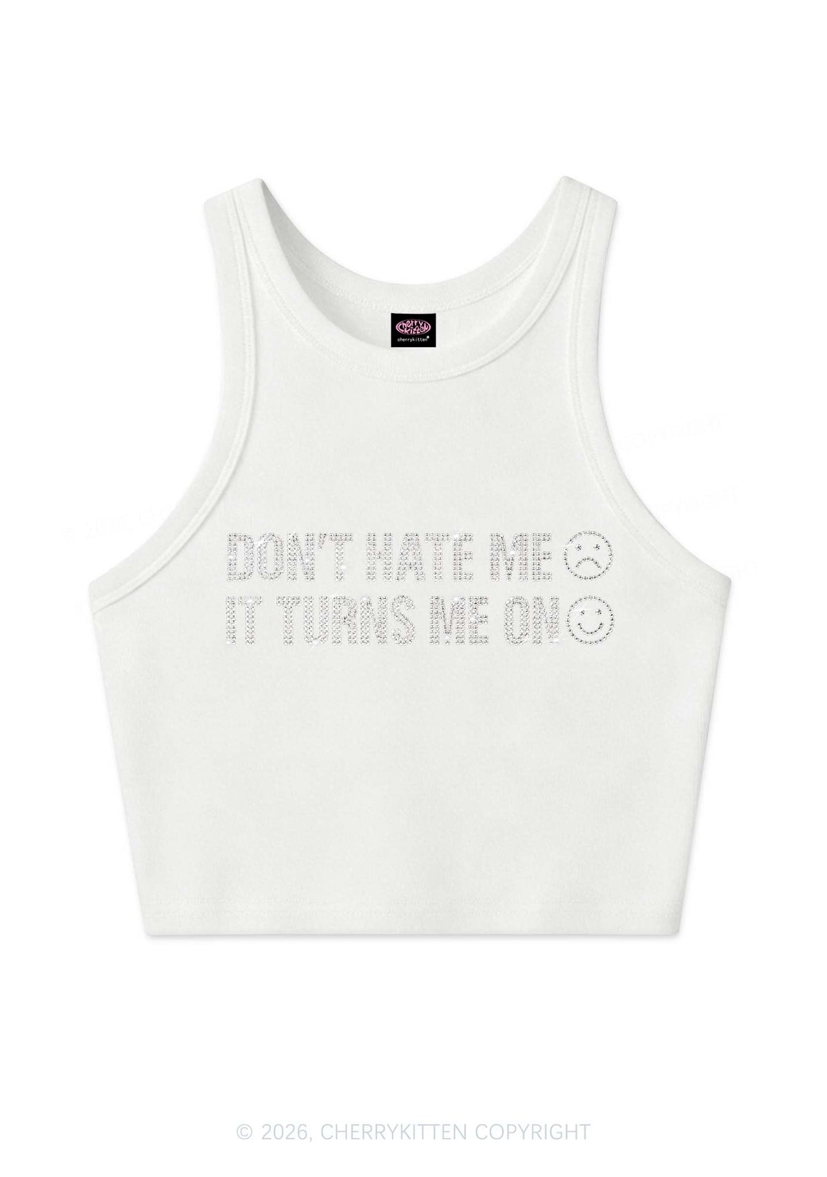 Rhinestone Dont Hate Me Y2K Crop Tank Top Cherrykitten