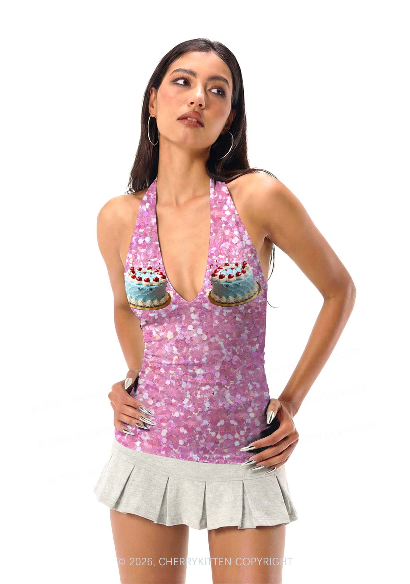 Cherry Cake Y2K Print Halter Deep V Neck Cami Cherrykitten