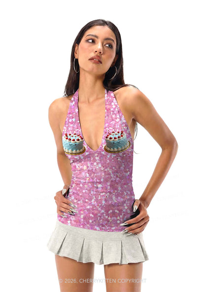 Cherry Cake Y2K Print Halter Deep V Neck Cami Cherrykitten