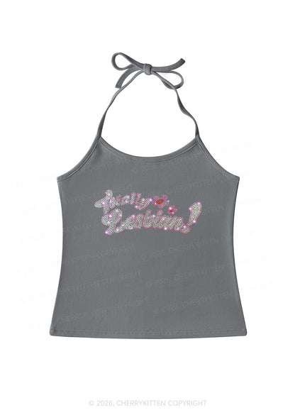Rhinestone Totally Lesbian Pride Y2K Halter Neck Cami Cherrykitten