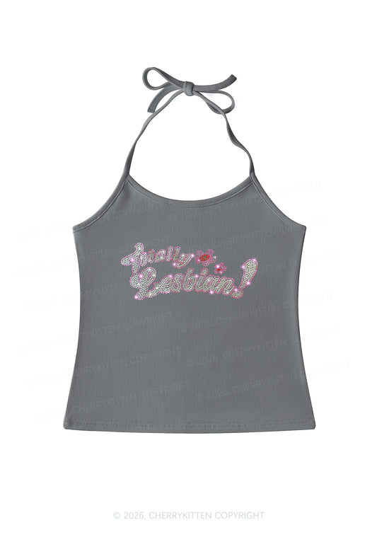 Rhinestone Totally Lesbian Pride Y2K Halter Neck Cami Cherrykitten