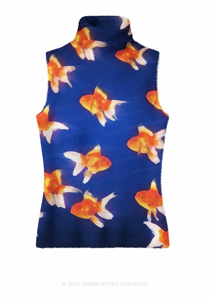 Goldfish On Blue Y2K Knit Turtleneck Tank Top Cherrykitten
