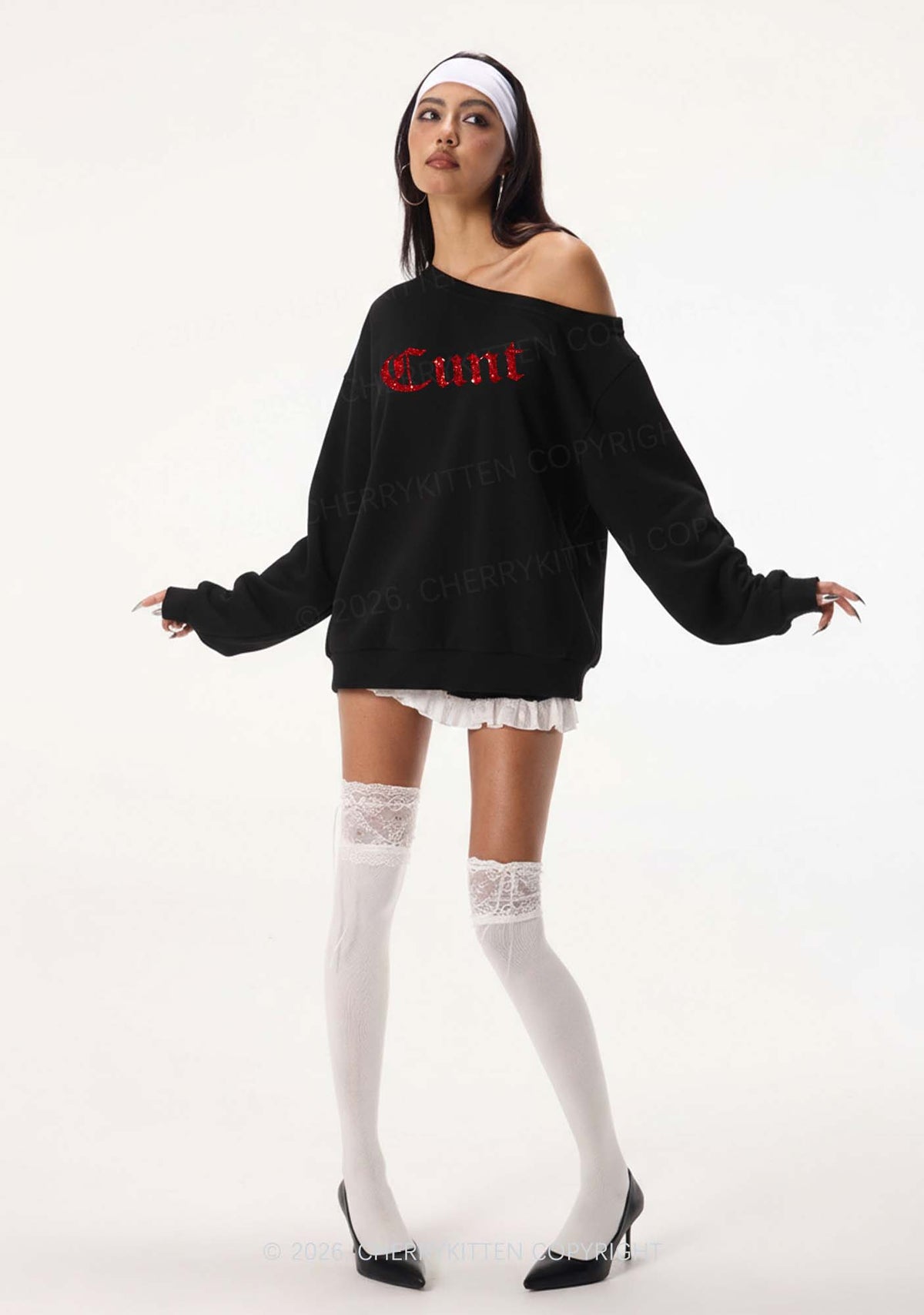 Glitter Cxxt Y2K Off Shoulder Sweatshirts Cherrykitten