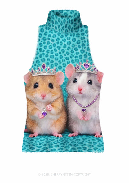 Mint Leopard Hamster Y2K Knit Turtleneck Tank Top Cherrykitten