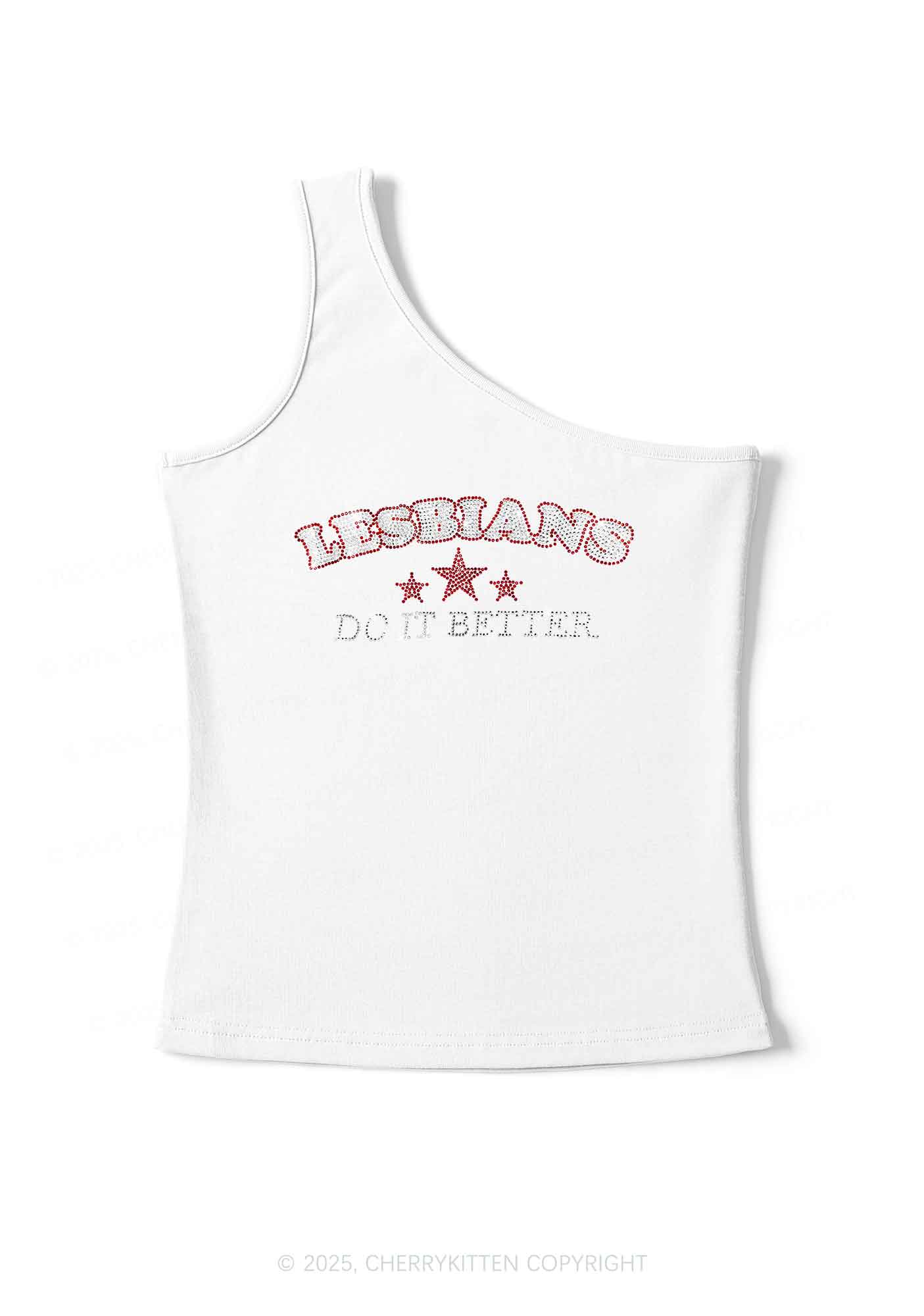 Rhinestone Lesbians Do It Better Pride Y2K One Shoulder Tank Top Cherrykitten