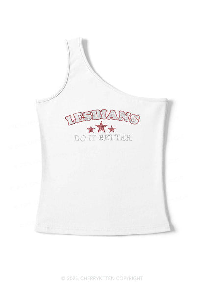 Rhinestone Lesbians Do It Better Pride Y2K One Shoulder Tank Top Cherrykitten
