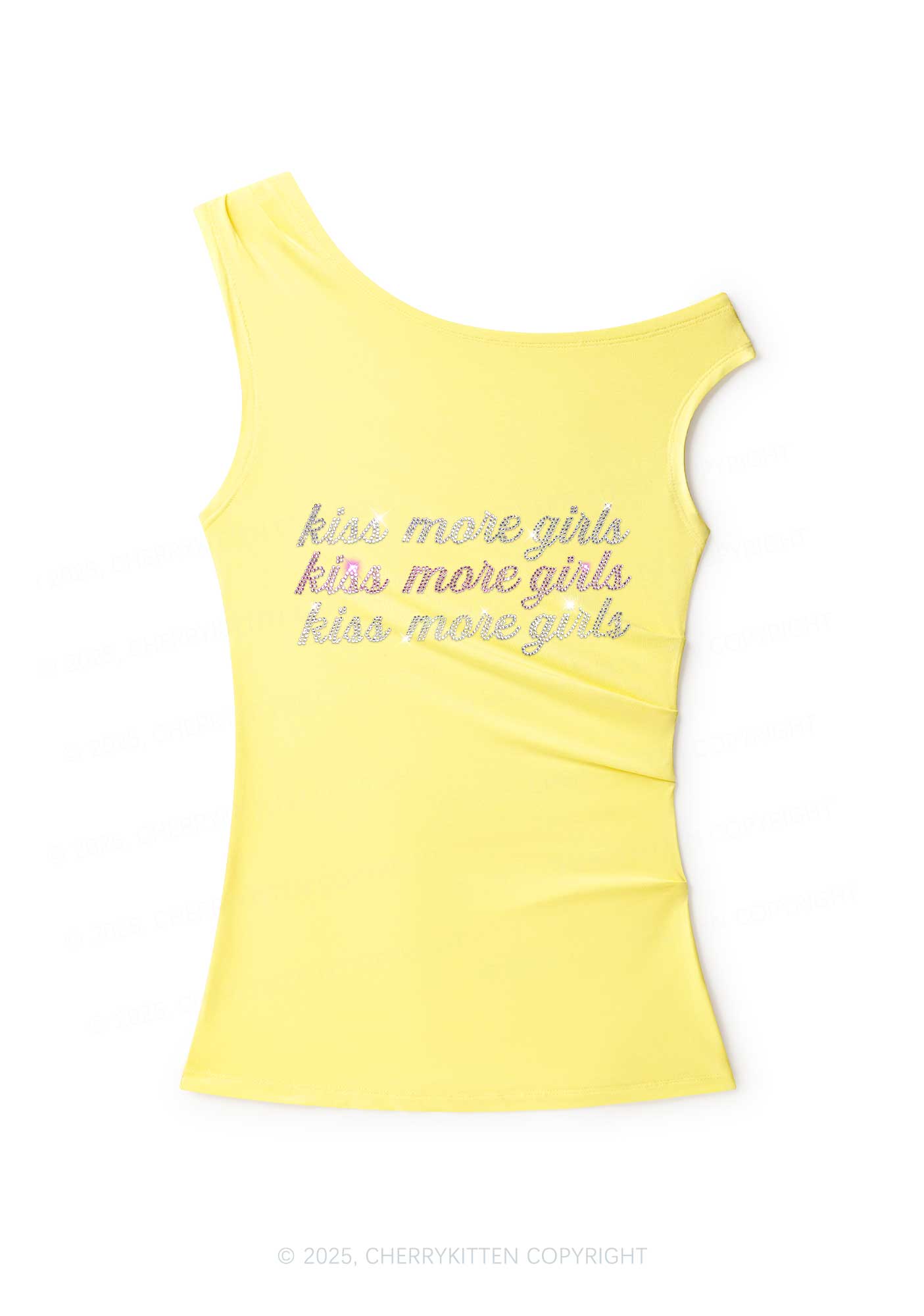 Rhinestone Kiss More Girls Pride Y2K Off Shoulder Tank Top Cherrykitten