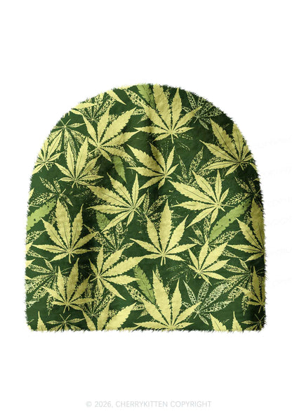 Green Wxxd Leaf Y2K Print Knit Beanie Cherrykitten