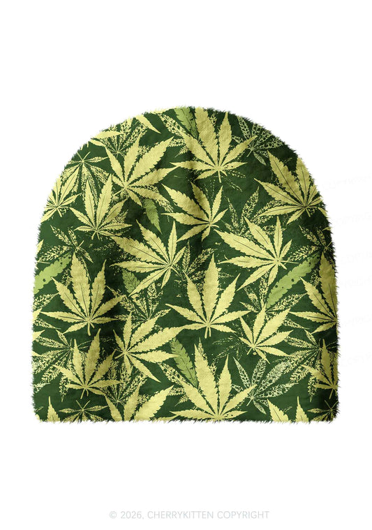 Green Wxxd Leaf Y2K Print Knit Beanie Cherrykitten
