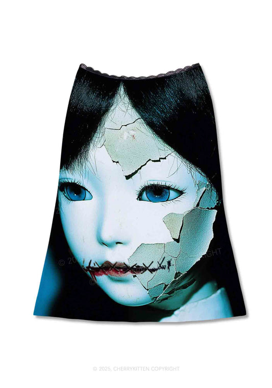 Halloween Cracked Doll Y2K Print Midi Skirt Cherrykitten
