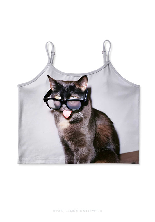 Glasses Cat Y2K Print Cami Crop Top Cherrykitten