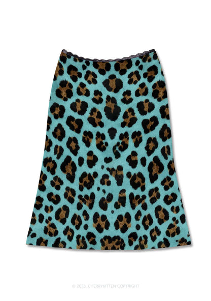 Mint Green Leopard Y2K Print Midi Skirt Cherrykitten